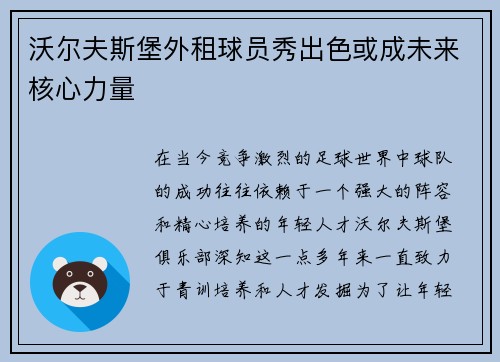 沃尔夫斯堡外租球员秀出色或成未来核心力量