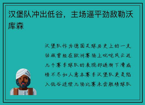 汉堡队冲出低谷，主场逼平劲敌勒沃库森